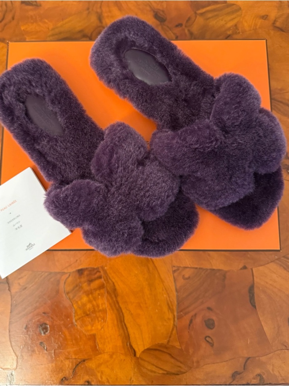Hermes purple shearling Oran slides size 36 in box
